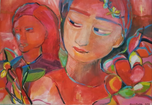 Anna Pulkin maalaus Kevät ja Rakkaus, 2020, koko 65x90cm, guassi ja öljy